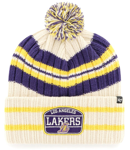 Los Angeles Lakers MLB '47 Natural Hone Patch Pom Knit Hat Cap Adult Winter Beanie