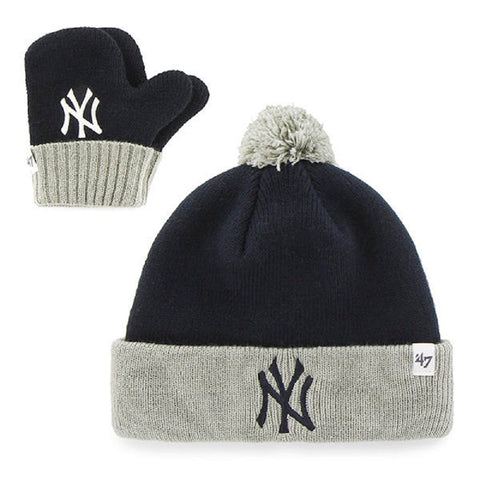 New York Yankees MLB Infant '47 Brand Bam Bam Cuff Knit Pom Hat and Mittens Set